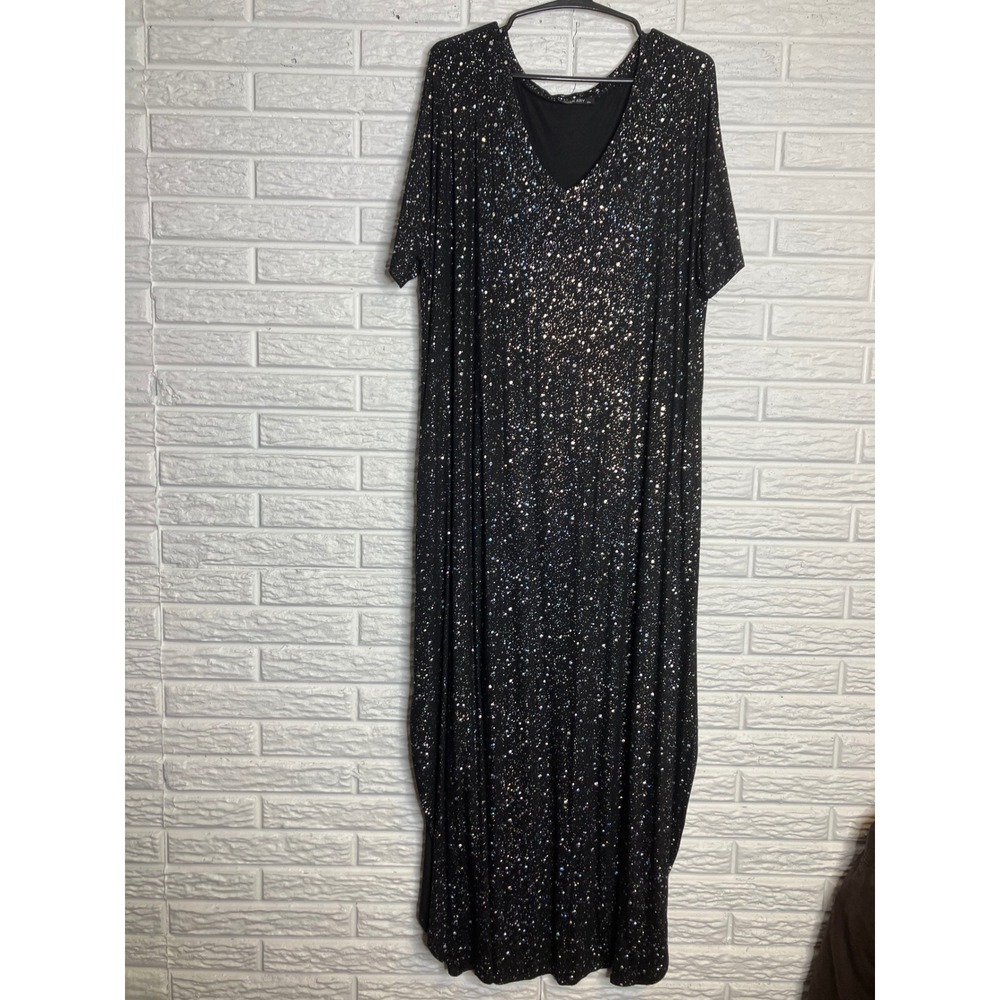 Huskary Maxi Dress Womens XXL Black Excellent Glitter Galaxy V-Neck Side Slit